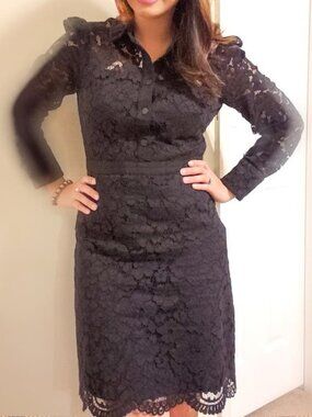 Shoshanna Black Lace Shirt Dress Long Sleeve Button Front Size 10